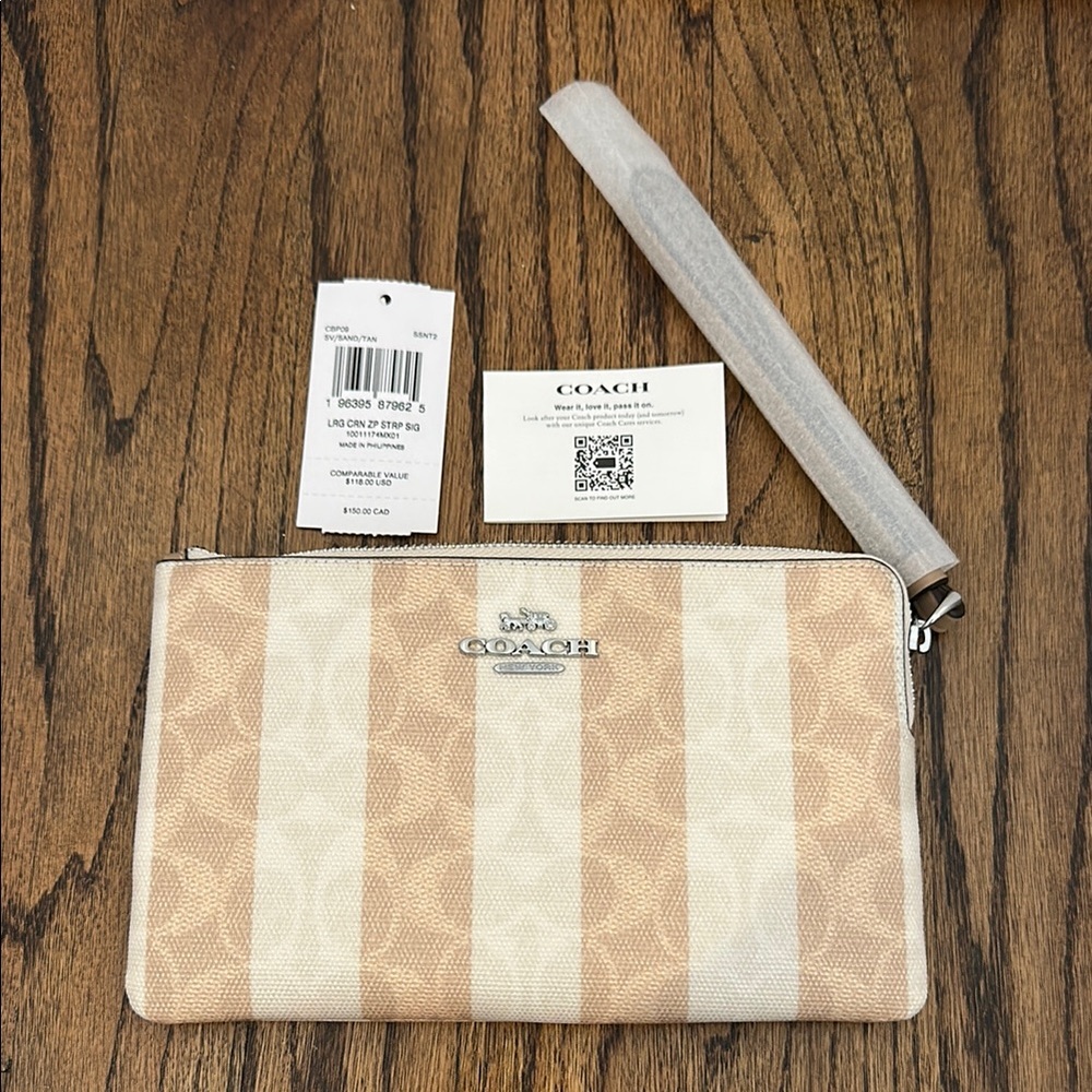 Coach Beige and White Striped Wristlet